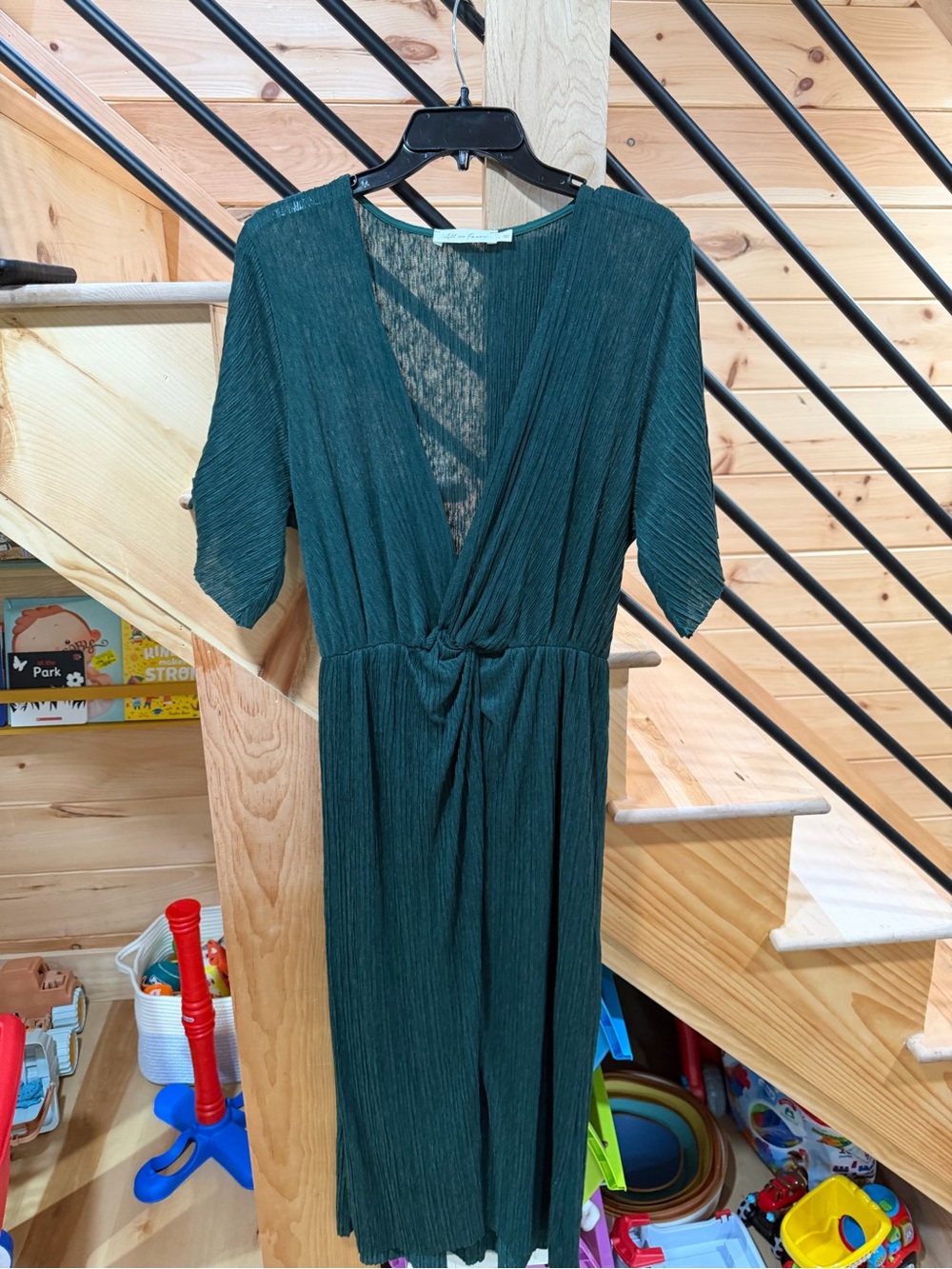All in Favor Teal Green V-Neck Midi Dress with Twist Front